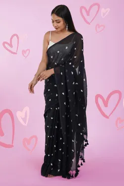 Black With White Heart Embroidered Soft Khadi Cotton Saree for Women, Party, Wedding, Bridal